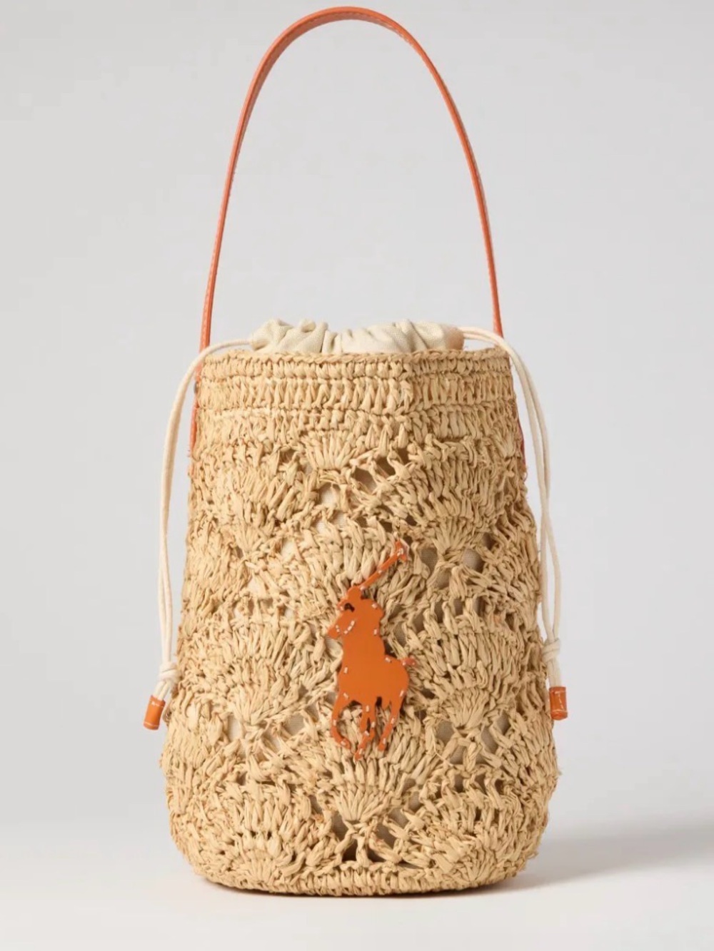 Polo Ralph Lauren Woven Raffia Logo Bucket Bag with Orange Accent